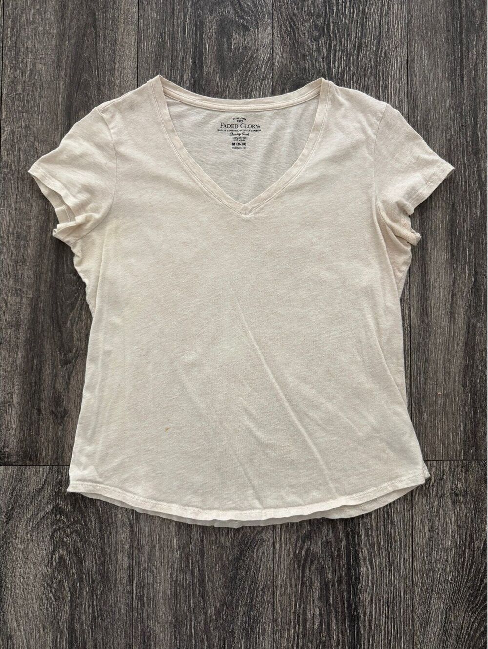 Faded Glory Women’s Medium 8-10 Ivory V Neck 100% Cotton Short Sleeve Tee